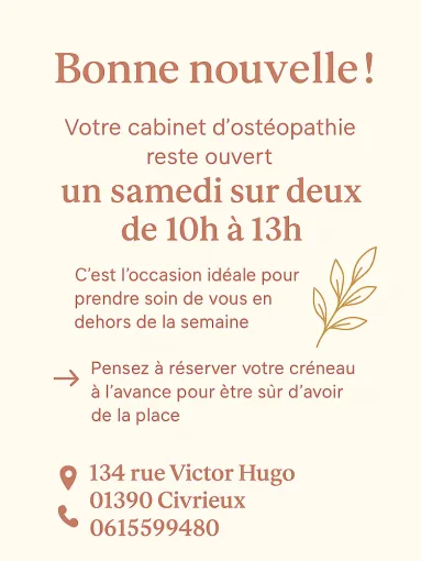 Ouverture les samedis, Neuville-sur-Saône, CI Ostéopathie