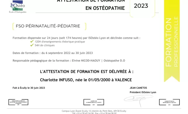 Diplômes formation ostéopathie pédiatrique et périnatale, Neuville-sur-Saône, CI Ostéopathie