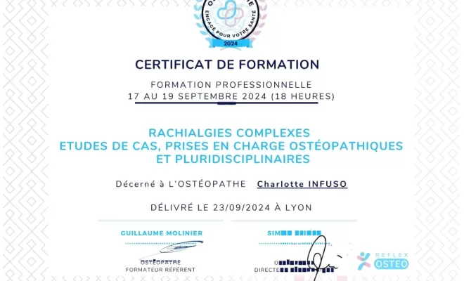 Diplômes rachialgies complexes, Neuville-sur-Saône, CI Ostéopathie