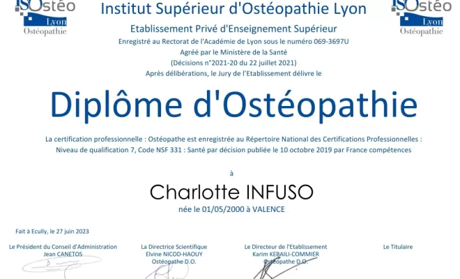 Diplômes d'ostéopathe, Neuville-sur-Saône, CI Ostéopathie
